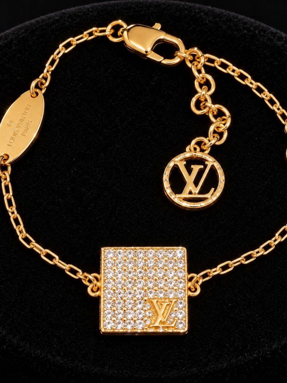 Louis Vuitton Gold and Crystal Pavé Square Logo Bracelet
